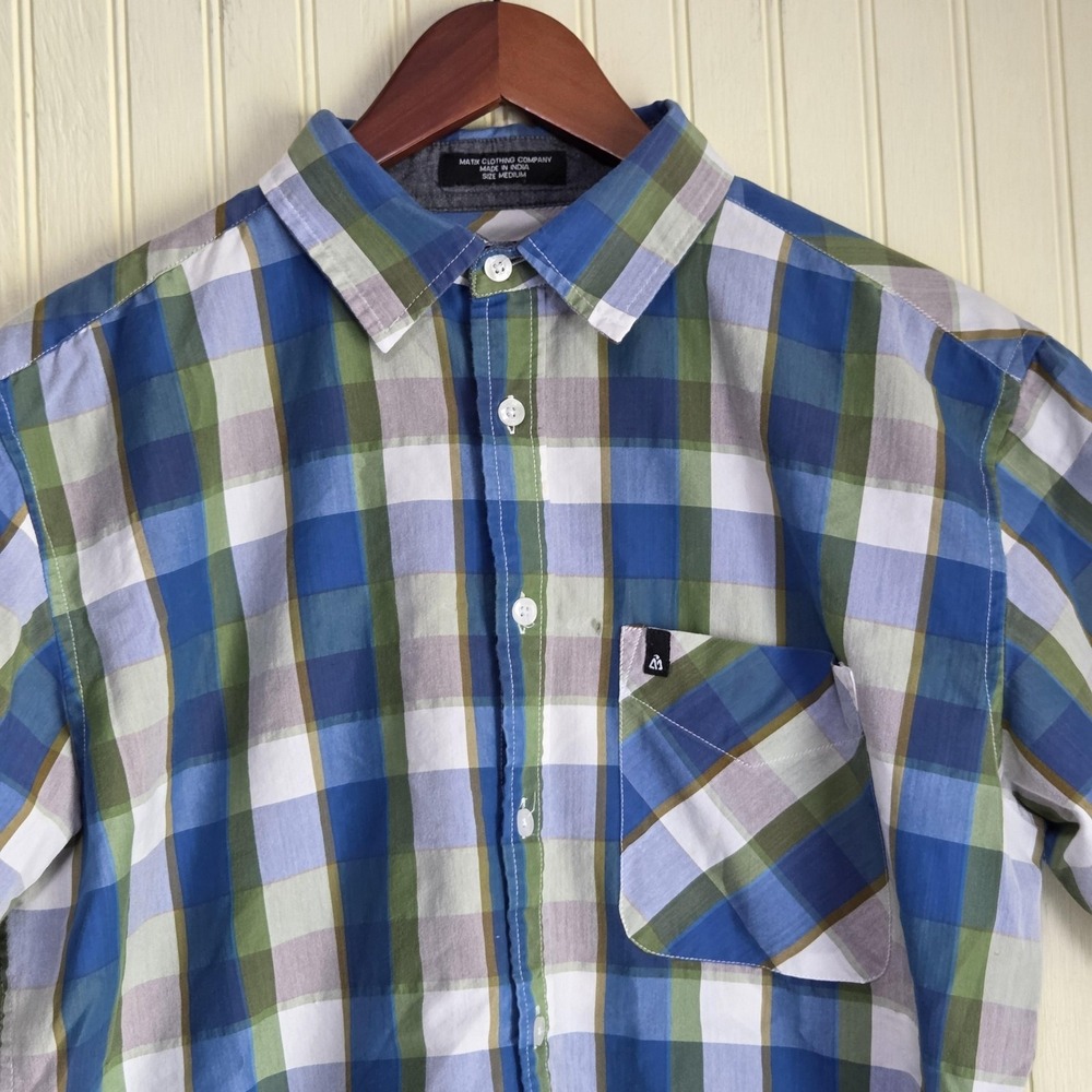 Matix Shirt Mens Medium Blue Plaid Short Sleeve Button Up Slim Fit Casual